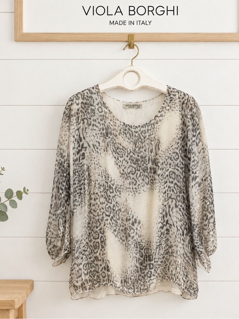 VIOLA BORGHI Gray Animal Print Silk-Feel Blouse Size 1X